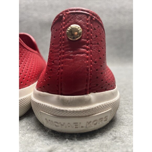 Michael Kors Women US 7 Keaton Sneakers Red Perforated Leather Logo Slip on Shoe - Picture 8 of 8